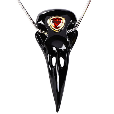 Necklace of Black Obsidian Carved Crystal Raven Skull Pendant with Garnet and 925 Sterling Silver Chain, Gold over Sterling Silver